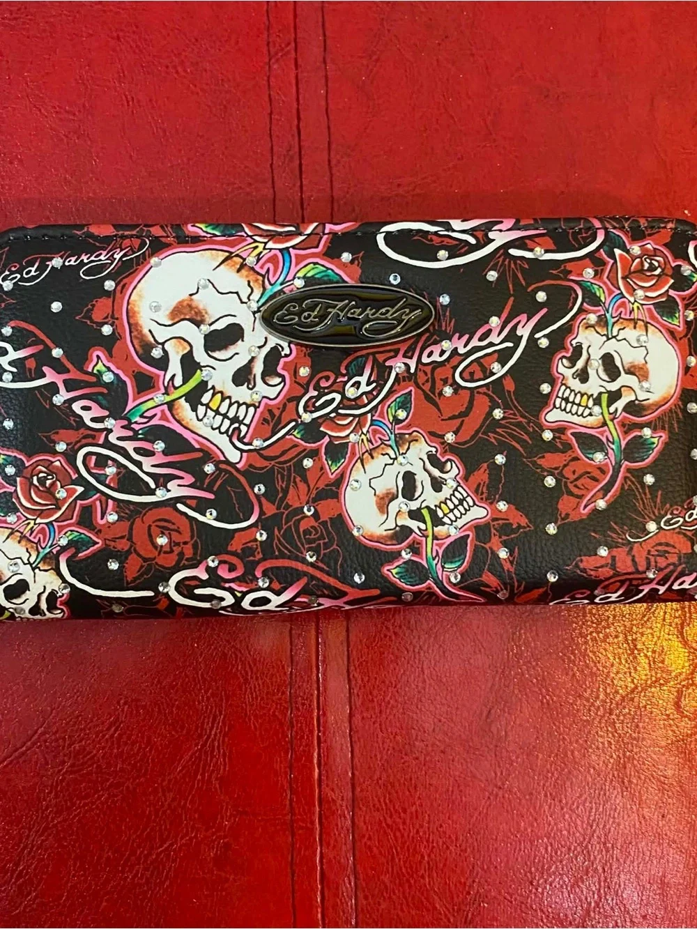 Ed Hardy Black Wallet with Red and Pink Skull Rose Print